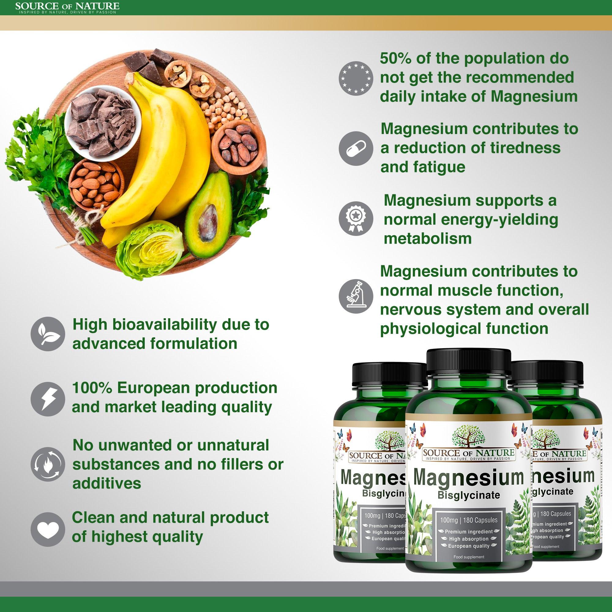 Magnesio bisglicinato 770mg | 180 Capsule | Fornitura per 3 mesi Source of Nature